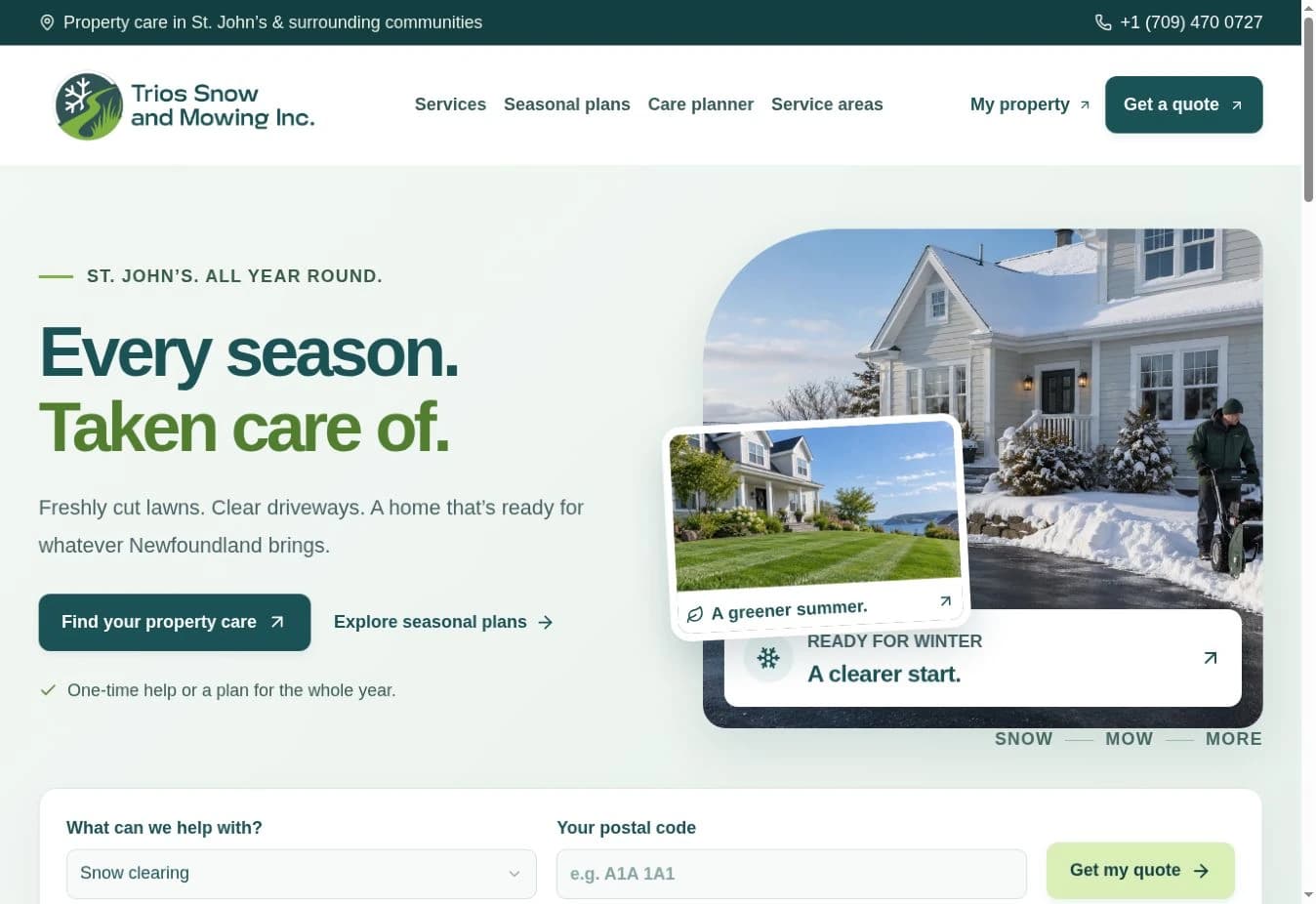 The Trios Snow and Mowing website, showing its property-care services and seasonal website design